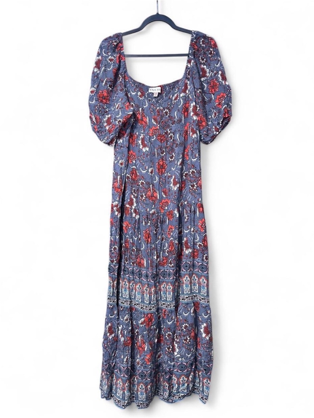 Knox Rose XXL Blue Floral Boho Puff Sleeve Tiered Maxi Dress